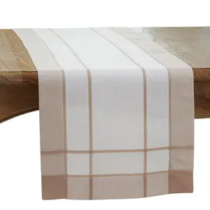 212 MAIN Oblong Table Runner, 16x90 in, Natural Stripes Banded Border, Understated Look, Household Kitchen Linen Textile for Casual Dining & Simple Decor