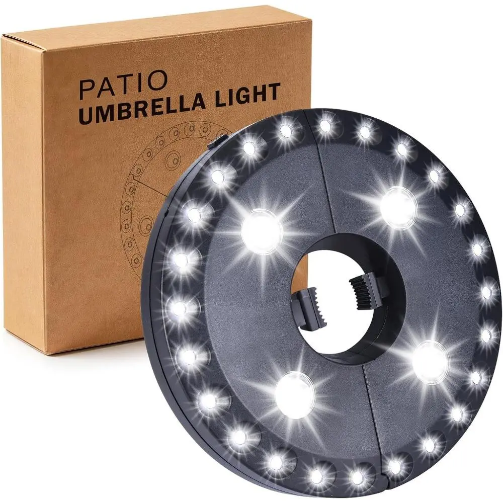Patio Umbrella Light 3 Brightness Modes Cordless, with 24+4 Cool White LEDs, 4 AA Battery Operated, For 1.15"-2" Umbrella Poles, Patio Umbrellas, Camping Tents and Indoor Use