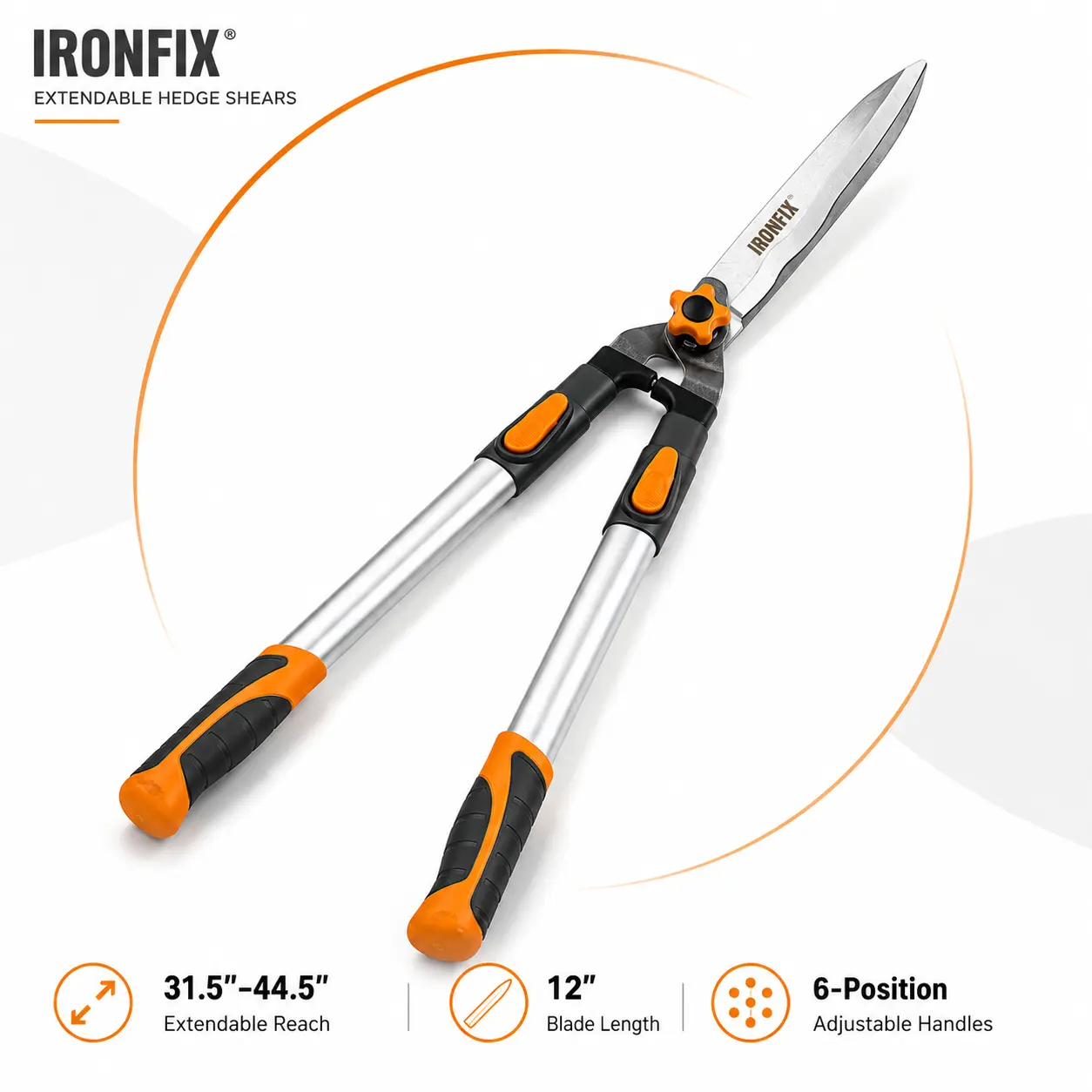 IRONFIX Extendable Manual Hedge Shears, Professional Hedge Trim Cutter Hand Tool, 31.5-44.5 in Telescopic Aluminum Alloy Handles (6-Position), 12 in Steel Blades, PE Non-Slip Grip for Hedges, Shrubs