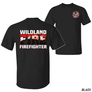 Wildland Firefighter T-Shirt, Bold FIRE Lettering with Forest Silhouette Graphic in Red & Black, Bug Media Graphic Shirt, Forest Firefighters & Smokejumpers, Gift for Wildfire Responders & Rescue Teams