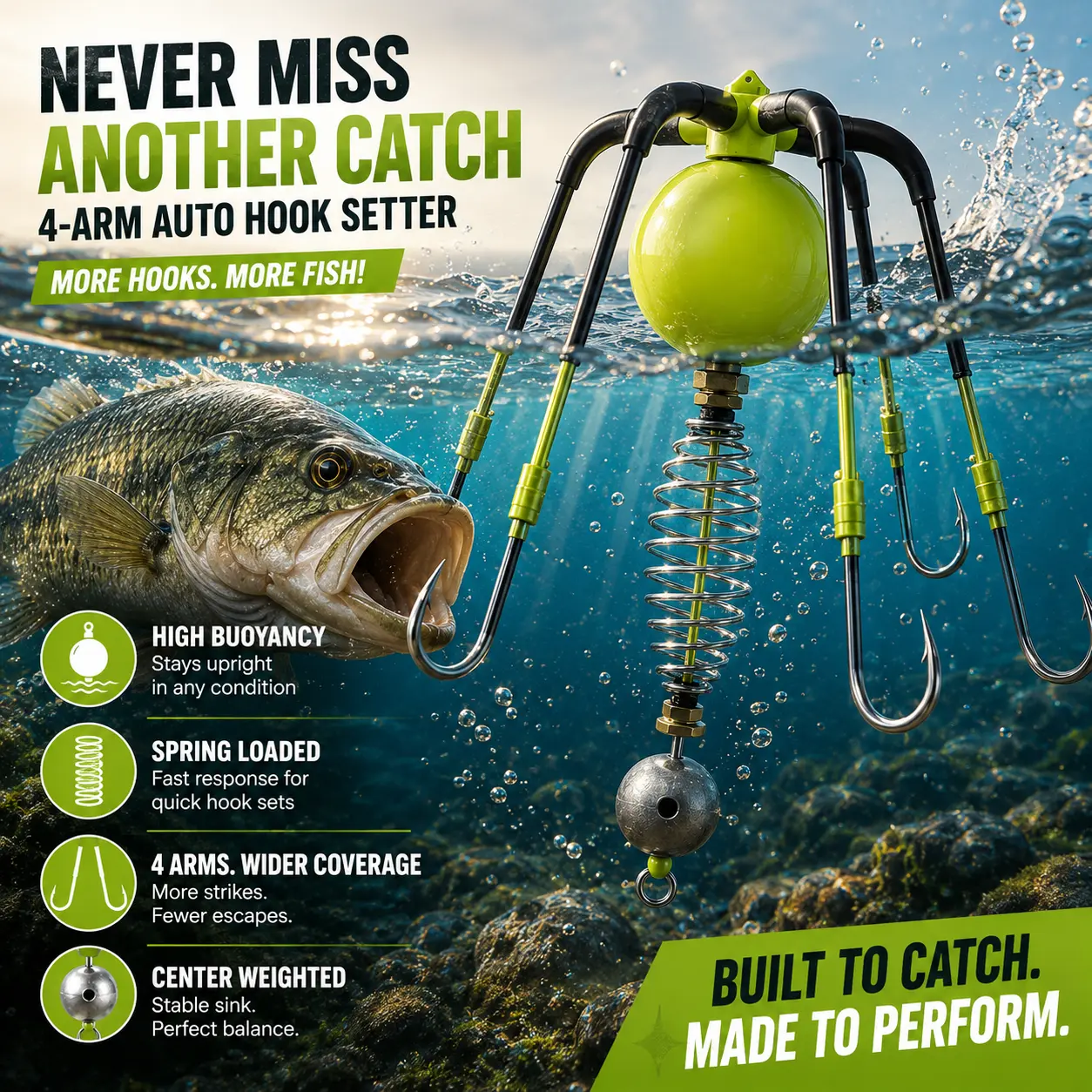4 Arm Auto Hook Setter Fishing Hook Anti-Snag Bait Hook for Freshwater & Saltwater Fishing Tackle Catch More Fish