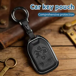 For GMC Key Fob Cover with Keychain, Key Case Shell genuine leather Full Protection Compatible with GMC Chevy Silverado Suburban Tahoe Acadia Terrain Yukon Sierra 1500 2500 3500 HD