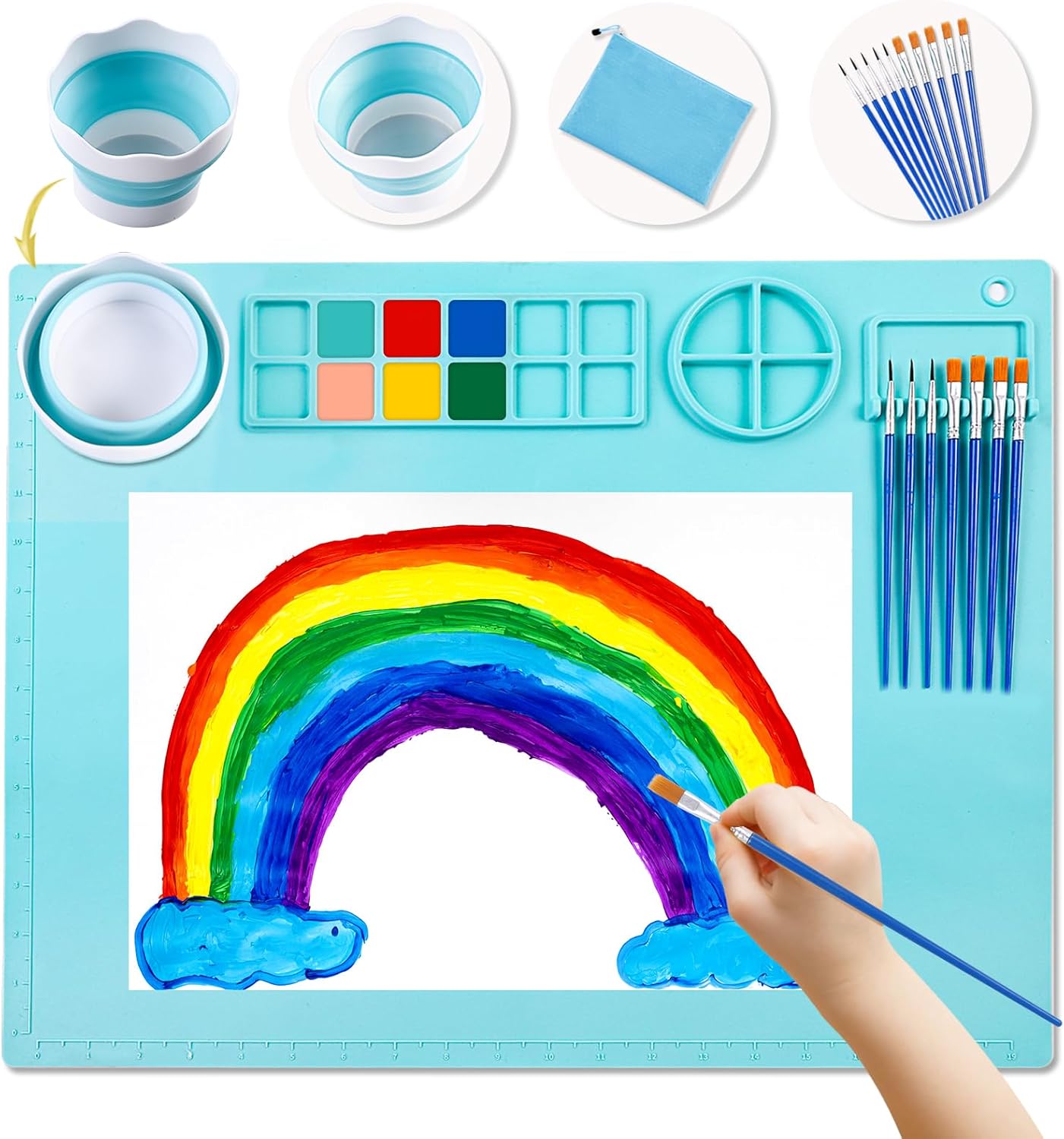 Large 20x16 Silicone Craft Mat with Cup & 10 Brushes - Mess-Free Waterproof Art Mat for Painting, Resin & DIY Crafts - Non-Stick Drawing Pad