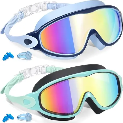 Unisex Kids Pool Goggles 2-Pack - Waterproof, Fog-Free Sports Eyewear for Youth Ages 3-15, Adjustable Stay-Put Strap, UV-Protection Lens, Outdoor Swimming Eyewear
