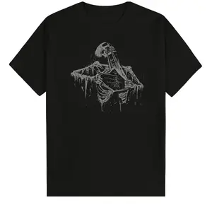 Vintage Black Cotton Gothic Skeleton Graphic T-Shirt 90s Skull Print Loose Fit Crew Neck Short Sleeve Casual Wear Machine Washable Durable Cotton Tee