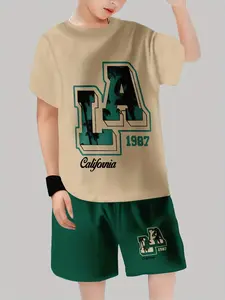 Boys 3D Letter Print Casual T-Shirt and Shorts Set, Comfortable Outdoor Wear for Boys, Stylish Summer for Daily Activities