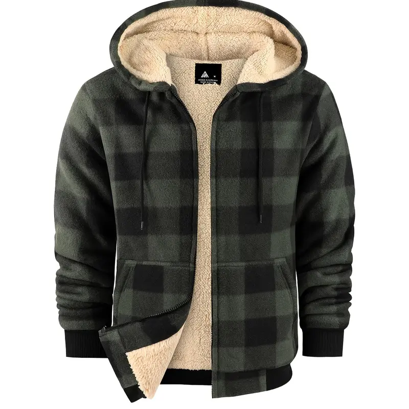 [Cozy Fleece Jacket] Cozy & Warm Men's Heavyweight Fleece Hooded Jacket - Full Zip Plaid Flannel Shirt with Sherpa Lining, Pockets, and Adjustable Drawstrings for Fall/Winter