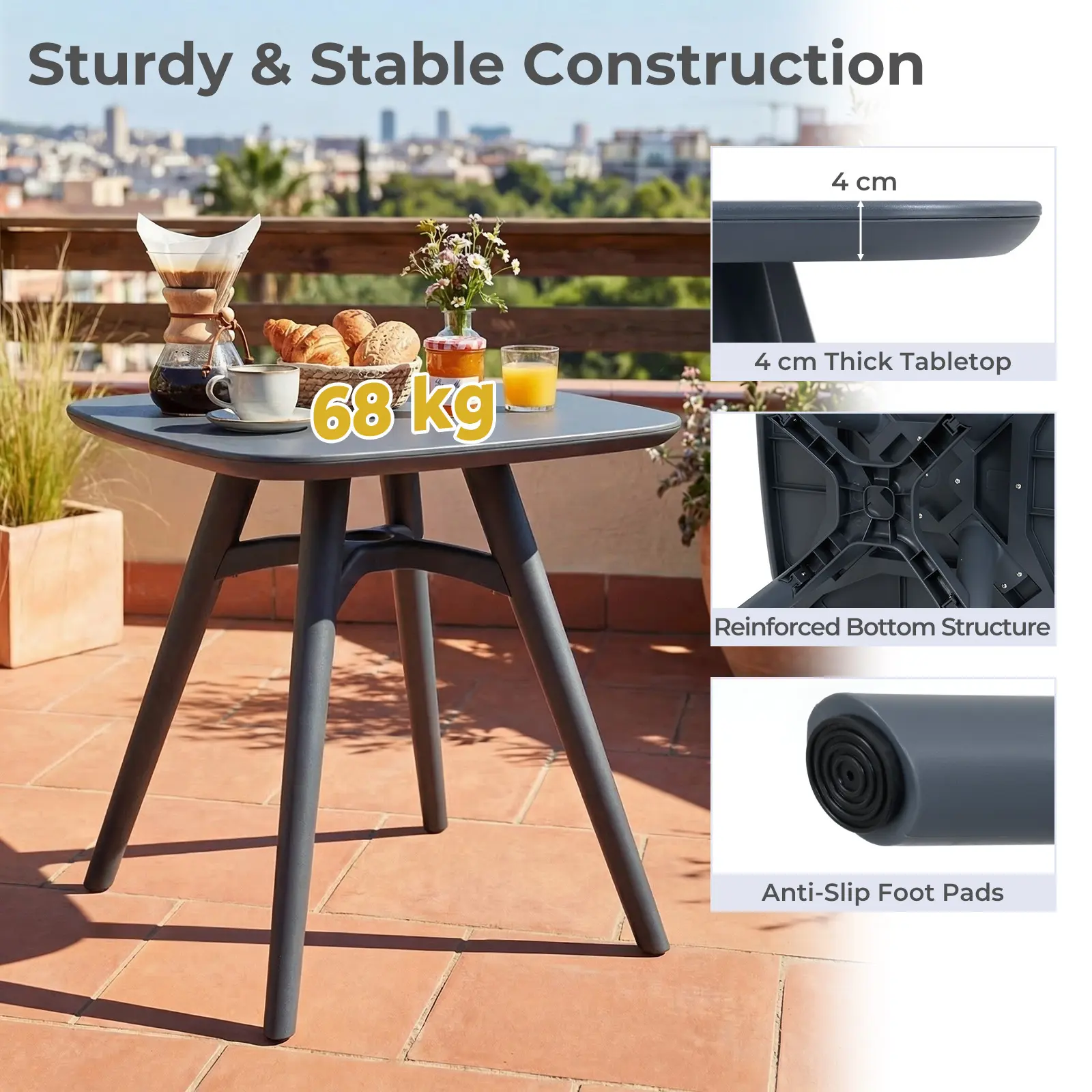 Square Outdoor Plastic Dining Table, All-Weather Bistro Table for 4, Compact Patio Furniture for Garden, Backyard, Deck And Poolside