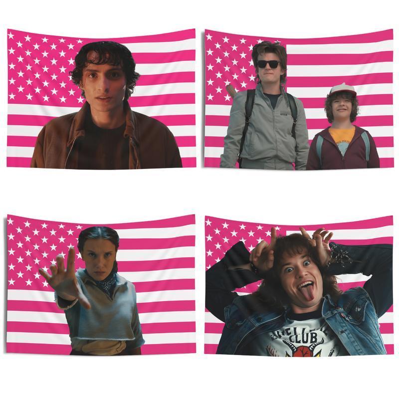 Will Byers Pink American Flags For Wall Decor, Steve Harriton Henry Creel Indoor Wall Tapestries, Room Decor, One Side Polyester Wall Flag