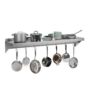 Metal Multifunctional Storage Rack with Backplash for Kitchen, [NSF Certified] 12" x 48" Stainless Steel Wall Mount Shelf with 7 Hooks for Hanging Pots, Pans,cookware in Home and Restaurant