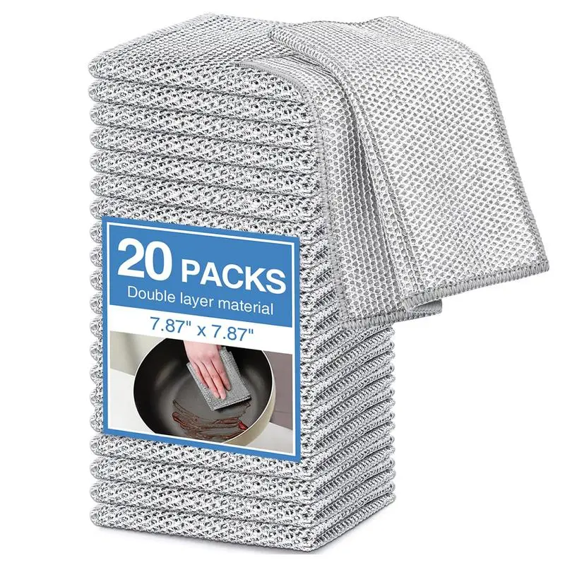 20 Counts Multipurpose Non-Scratch Wire Dishcloths – Double-Layer Reusable Dishwashing Rags for Wet &