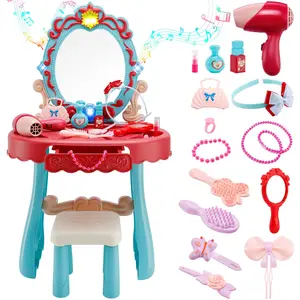 Toddler Makeup Table with Mirror and Chair Kids Vanity Set with Blowdryer for 3+