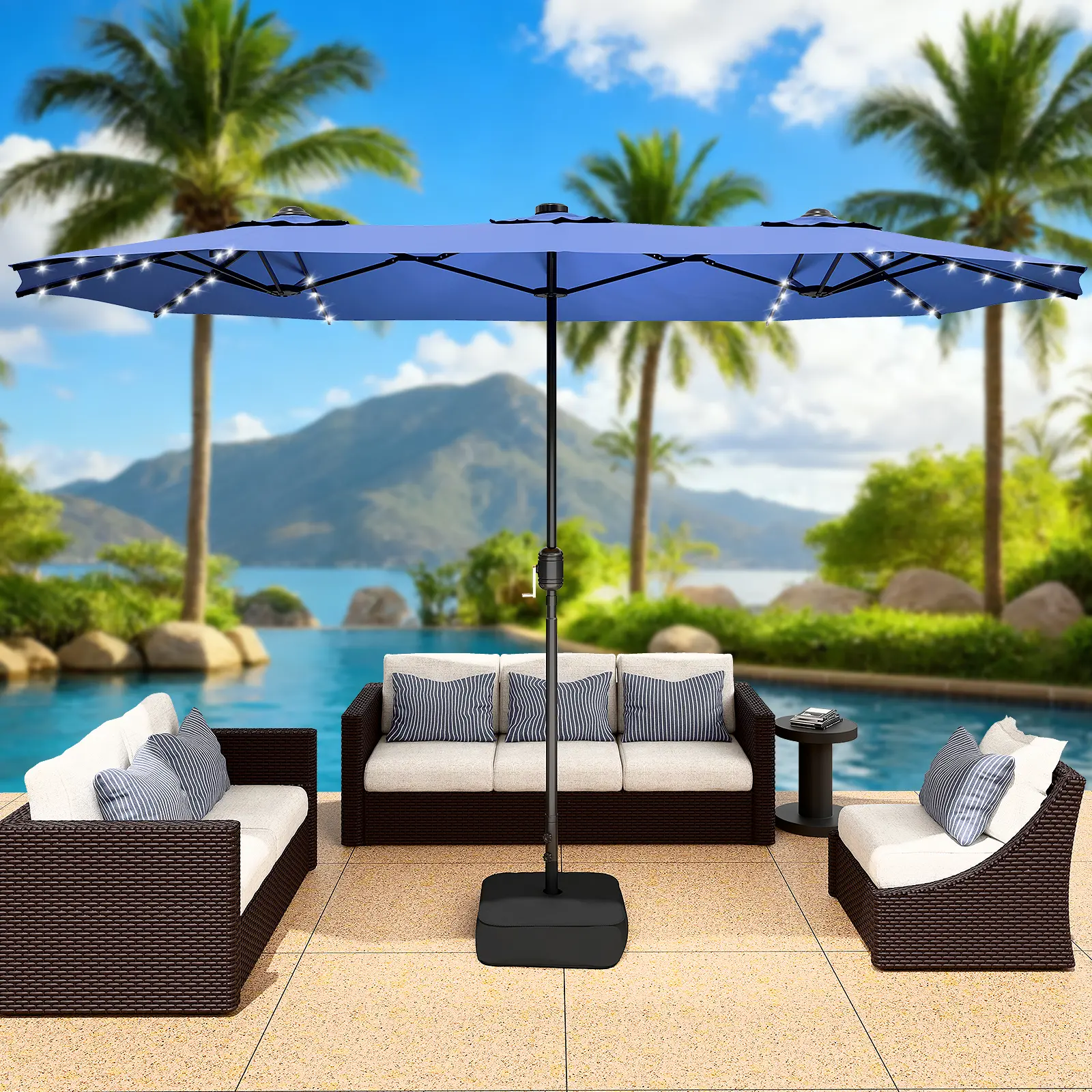 LEVELEVEL 15FT Large Double-Sided Heavy Duty Outdoor Canopy Parasol - Adjustable Shade, All-Weather UV Protection, Solar LED Lights, Sturdy Base, UV Shading, Outdoor Fabric, Solar Illuminated Sun Protection Parasol for Garden, Poolside Gatherings, Uv Shad