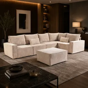 POUUIN Luxuly 125" 6-Seat U-Shaped Corduroy Modular Sectional Sofa Set - Configurable, Durable, Expandable with Reversible Chaise, Movable Ottoman, Deep Seats, Camel, Configurable Sofa Sets, Durable Sofa Sets