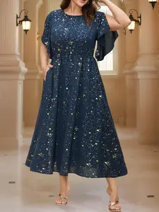 Plus Size Elegant Shiny Golden Sun Moon & Stars Hot Stamped A-Line Dress Short Sleeve Sparkling Party Wedding Guest Gown Machine Washable Summer Formal Evening Dress with Fitted Bodice & Flowing Skirt