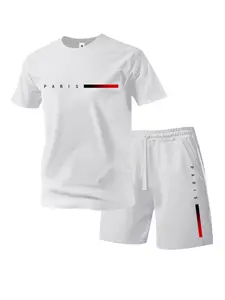 Men’s summer regular-fit cotton short-sleeve T-shirt and shorts set featuring a Paris letter print; fashionable casual wear for going out. Includes pockets and an elastic waistband with drawstring. Two-piece set suitable for running, golf, fishing, basket
