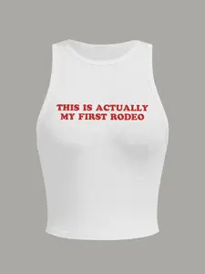 Cherry and Letter Print Women's Summer Casual Beach Round Neck Sleeveless Tight-Fitting Tank Top, Stylish Summer Apparel for Trendy Ladies, Womenswear