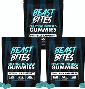 Beast Bites Creatine Infused Gummies Pack of 3 with Creapure NSF Certified Edible Amino Acid for Fitness & Dietary Healthcare Sweet Blue Raspberry Flavor