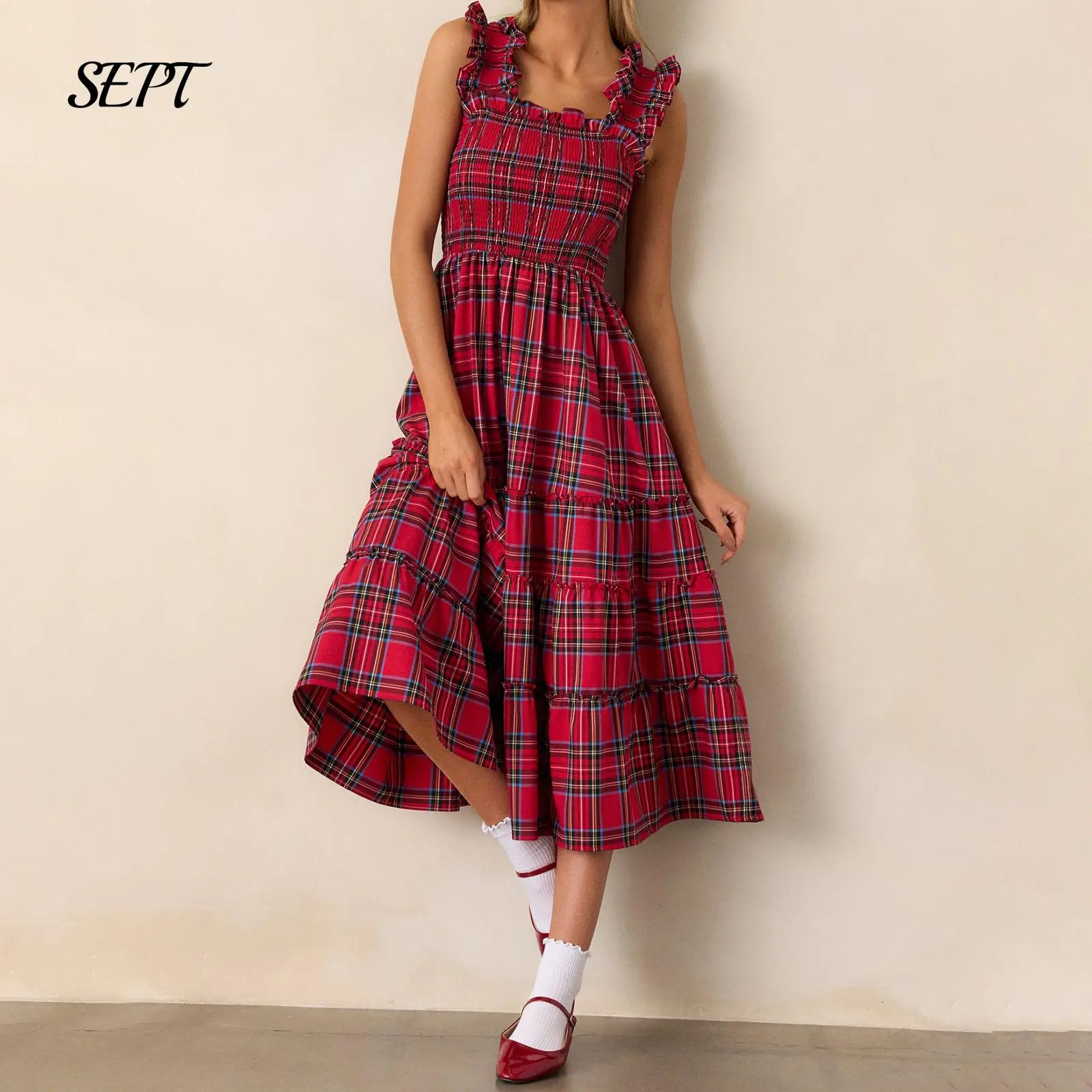 Women Christmas Sleeveless Maxi Dress Casual Plaid Print Ruffled A-line Party  Dress For Club Streetwear - TikTok Shop