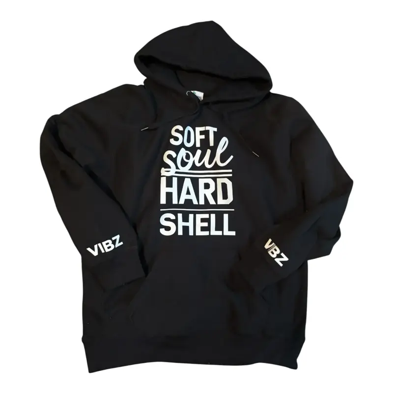 VIBZ Soft Soul Hard Shell Hoodie - Black Pullover with Letter Print, Hooded Neckline, Regular Fit, Long Sleeve, Casual Style