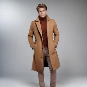 BIGWIG men's imitation wool trench coat, winter warm slim single-breasted long coat, notch lapel casual fashion long coat, woolen coat, retro thick sheepskin coat, men's fashion coat, classic trench coat