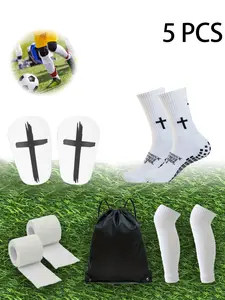 5Pcs New Men Women Football Equipment Sports Anti Slip Socks Football Socks Comfortable Breathable High Quality Elastic Socks Covers Calf Socks Compression Socks Black Drawstring Football Bag Sports Bandage Mini Guards Shin Pads
