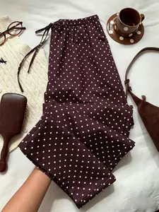 Women's Waist-Cropped Wide Leg Pants, Polka Dot Long Pants, Millennial Pure Desire Elastic Waist Drawstring Pants, Vintage Casual Streetwear, Bottoms Adjustable Aesthetic