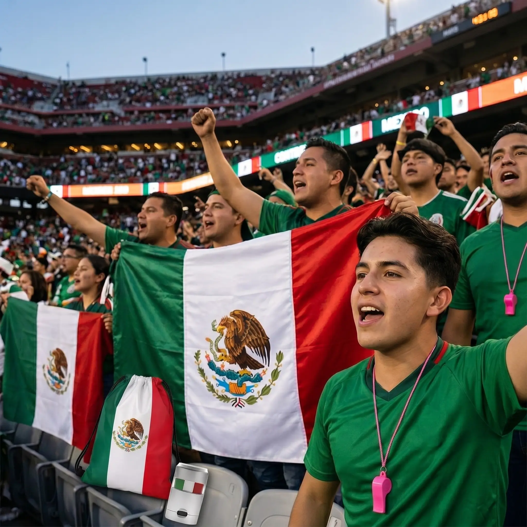 5Piece Mexico Flag Soccer Fan Cheering  Gear Set with Box, 3x5 FT Flag, Drawstring Bag, Whistle, Stadium Face Paint/Tattoo Stickers, 2026 International Sports Event Supporter Gift