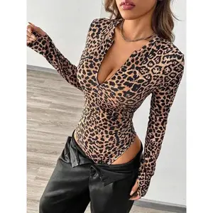 Women's Leopard Print Zipper Thumb Hole Design One-piece Bodysuit, Fashion Casual Long Sleeve Bodysuit for Daily Outdoor Wear, Women Clothes for Spring & Fall(gift)