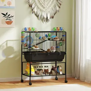 Three-tier hamster cage with rolling base deep tray and storage shelf suitable for raising Syrian hamsters and gerbils indoors in the bedroom