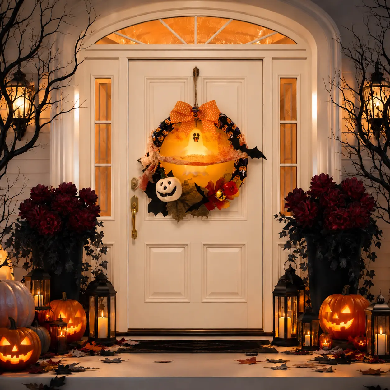 Lighted Halloween Wreath with Cute Ghost & Pumpkin, Spooky Front Door Hanging Decoration for Indoor Outdoor Holiday Party Home Decor Handmade Fall Halloween Door Wreath, Illuminated Ghost Bat Holiday Garland