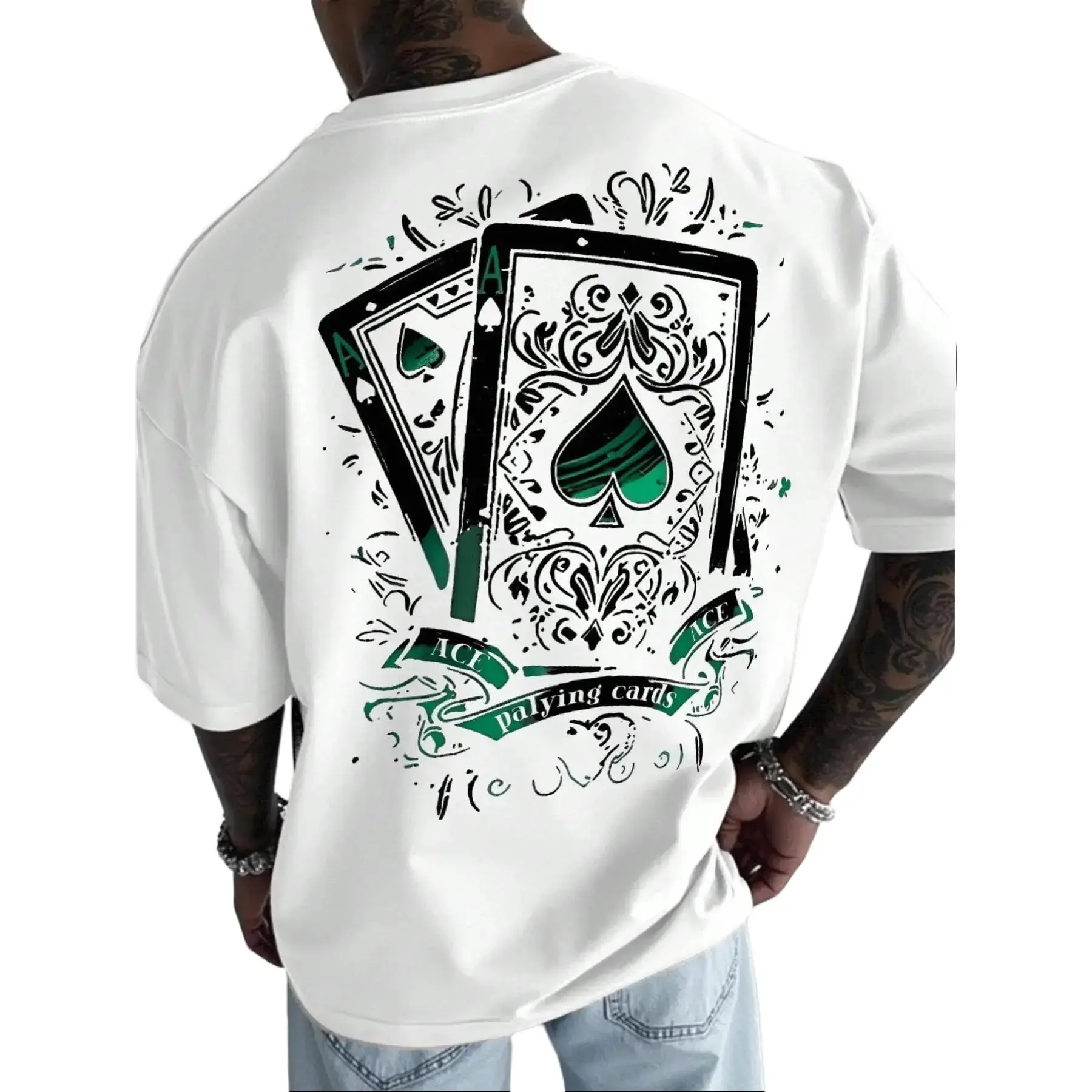 Unisex Spade a Poker Print Short Sleeve T-Shirt, Casual Printed Loose Fit Breathable Round Neck Top, Streetwear Fashion for Music Festivals