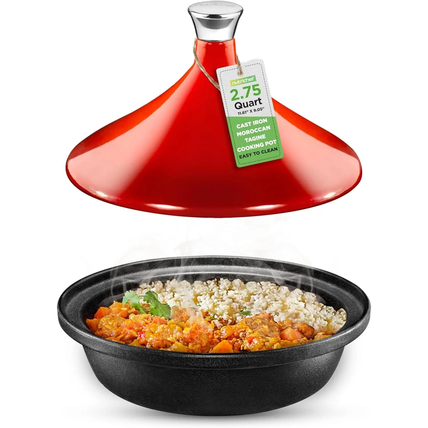 Moroccan Tagine Cookware Pot for Cooking - Premium Cast Iron Pot with Stainless Steel Knob, Red Cone-Shaped Porcelain Enameled Lid, 11.6" Width, 2.75 Qt