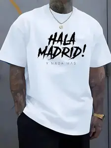 Men'S "Hala Madrid!" Graphic T-Shirt - Soft, Comfortable Polyester Crew Neck, Casual Short Sleeve Tee for Summer & Spring, Lightweight & Breathable Design, Perfect for Sports or Casual Attire, Sports Casual Wear | Bold Letter Print | Comfortable Fit