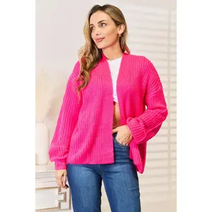 Woven Right Rib-Knit Open Front Drop Shoulder Hot Pink Cardigan | Hip Style Womenswear Knitwear Tops