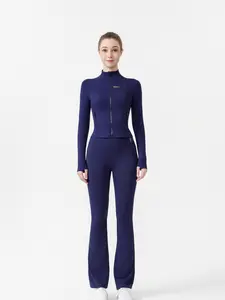 ROROLEMON  Women's 2 Piece Workout Outfit Zip Up Cropped Jacket & High Waist Flare Leggings Long Sleeve Athletic Yoga Activewear Set