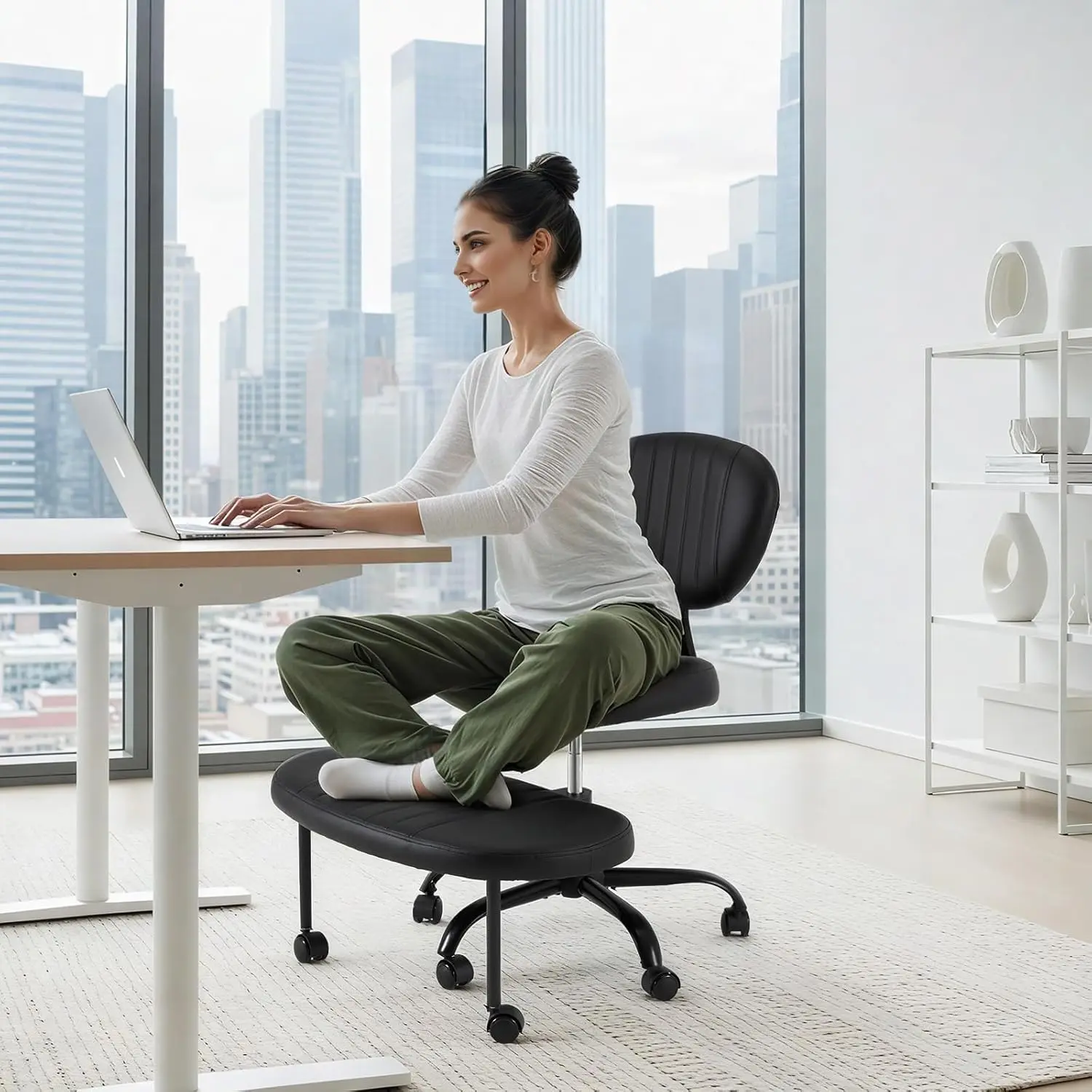 EROMMY Ergonomic Cross Legged Chair ADHD Chair with Adjustable Height, Kneeling Desk Chairs for Meditation, Yoga, 360° Swivel Wheels Active Sitting Chair with Lumbar Support, Black