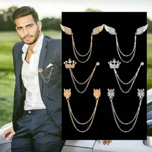 6 Pieces Tassel Chain Brooch Collar Pins Wedding Brooches Collar Pins Wings Wolf Head Crown Lapel Suit Shirt Tuxedo Accessories for Wedding Anniversary Halloween Birthday Party Office