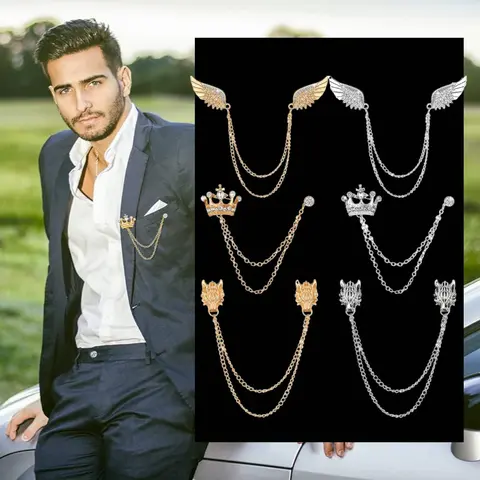 6 Pieces Tassel Chain Brooch Collar Pins Wedding Brooches Collar Pins Wings Wolf Head Crown Lapel Suit Shirt Tuxedo Accessories for Wedding Anniversary Halloween Birthday Party Office
