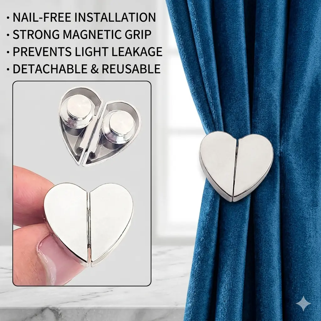 3-Pair Heart-Shaped Magnetic Curtain Snaps - No-Drilling Alloy Metal Fasteners with Strong Magnets, Detachable Clean Outline Accessories for Household Curtain Fabric Securing
