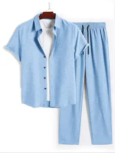 Men's Solid Short Sleeve Top & Pants Two-piece Set, Regular Fit Quality and Comfort Casual Button Collared Top & Trousers for Summer, Men's Two-piece Outfits for Daily Wear