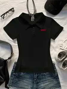 Women's Geometric Fitted Button Polo Shirt, Casual Fashion Everyday Short Sleeve Top, All-Season Versatile Commute Wear, Unique Small Logo Design, Womenswear