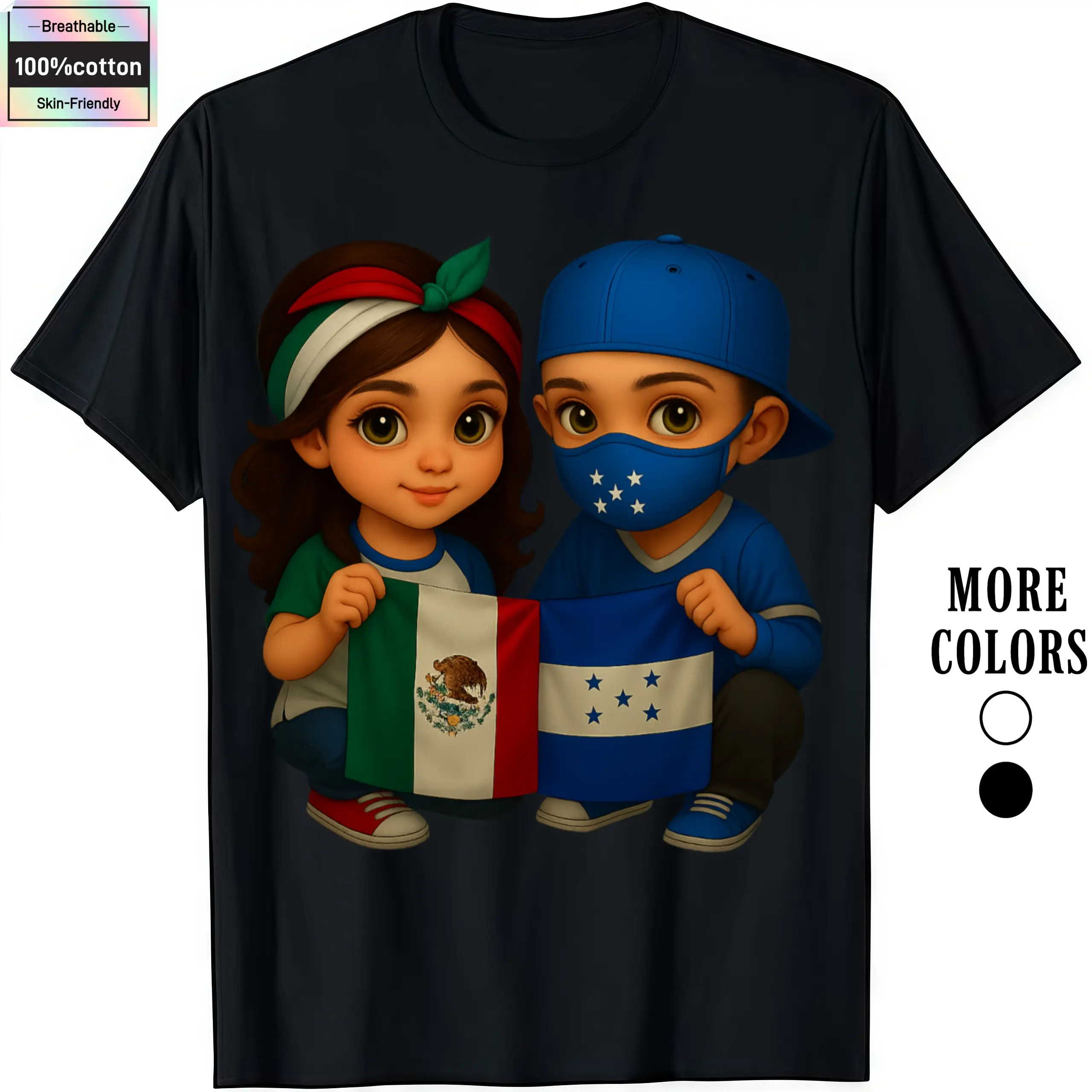 Men's Cotton Graphic Tees - Kids Holding Mexico or Honduras Flags Prints, Round Neck, Soft Breathable Knit Fabrics, Short-Sleeve Casual Menswear for Daily Use & Outdoor Fun, Tshirts