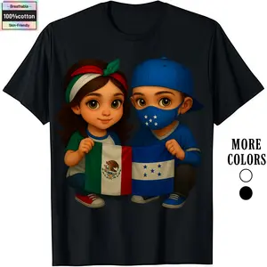 Cotton Graphic T-Shirts for Men with Kids Holding Mexico or Honduras Flags Crewneck Casual Everyday Wear Soft Breathable Shortsleeve Knit Ideal for Daily Use outdoorfun