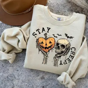 Stay Creepy Halloween Sweatshirt, Skull And Pumpkin Heart Sweater, Spooky Season Graphic Shirt, Creepy Cute Fall Tee, Stay Creepy Hoodie