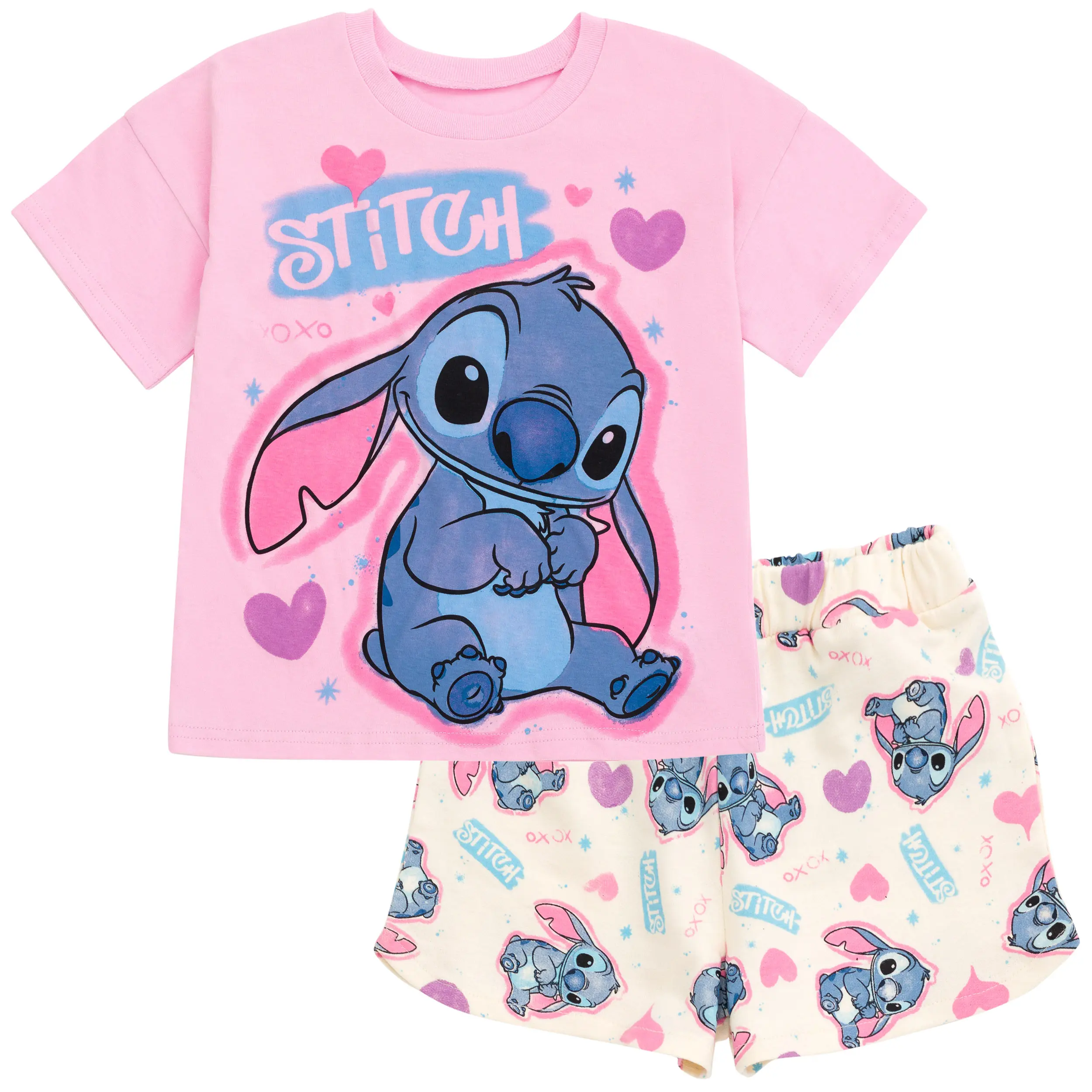 Disney Lilo & Stitch Girls' 2-Piece Graphic Round Neck T-Shirt and French Terry Shorts Set, Casual Wear, Toddler to Big Kid, Birthday Gift, Character Print, 4 - 5 Years, 4T