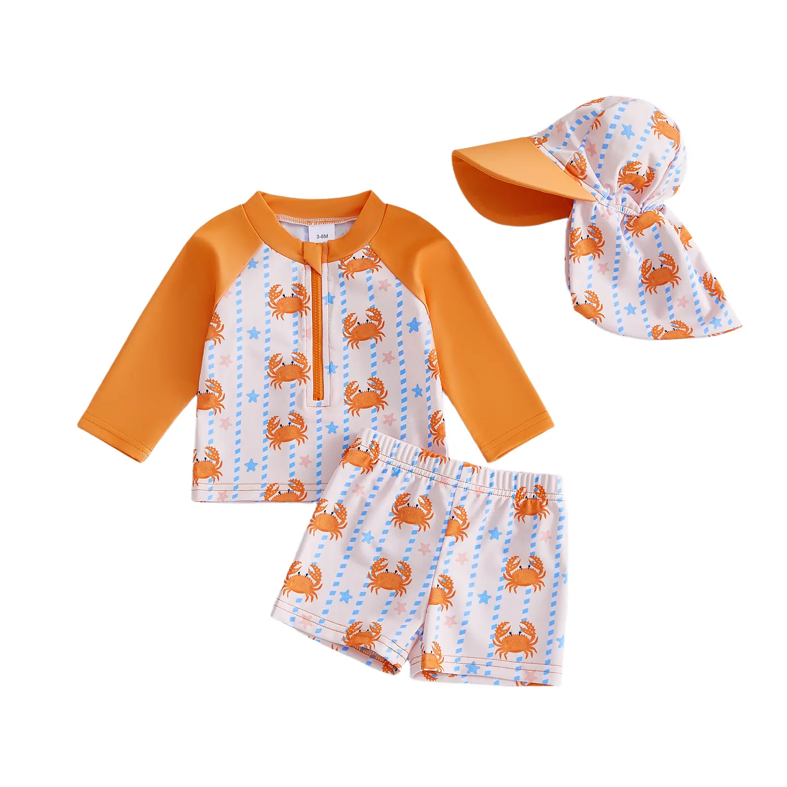 Meihuida Toddler Baby Boys Swim Set Crab Print Long Sleeve Rashguard Swimsuit Shirt Trunks Infant Bathing Suit Swimwear with Hat