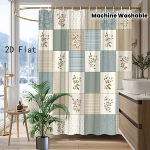 2D Flat 1Pc Vintage Floral Checkered Shower Curtain, featuring a colorful rose patchwork design, elegant bathroom window decoration, suitable for bathtubs or shower rooms, machine washable, includes 12 hooks