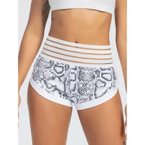 Women's High Waist Mesh Waistband Workout Shorts, Breathable Printed Fitness Biker Shorts for Gym Yoga Running