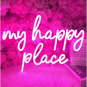 Pink My Happy Place LED Neon Light Sign USB Girls  Bedroom Living Room Kitchen Wall Decor Sign Wedding Birthday Party Sign Christmas Gifts 15.8" X 11.2" 5V Teens